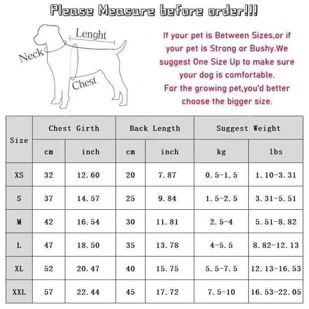 Dog size chart of Duck Overalls Pet Outfit measurements for chest girth, back length, and weight suggestions.