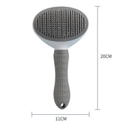 Gray Pet Grooming Brush with One Click Hair Removal with measurements on a white background