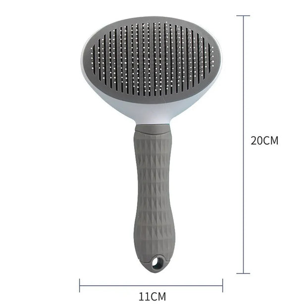 Gray Pet Grooming Brush with One Click Hair Removal with measurements on a white background