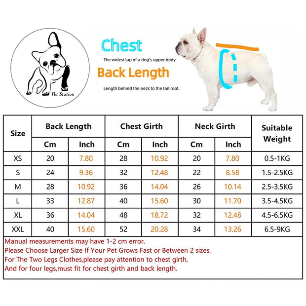 Dog clothing size chart with measurements and a Winter Dog Jackett.