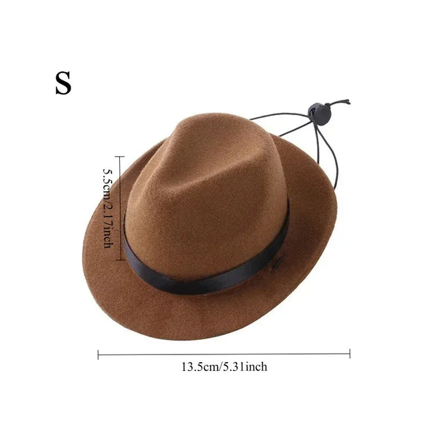 Brown Cowboy Hat Accessory with black band and measurements on a white background