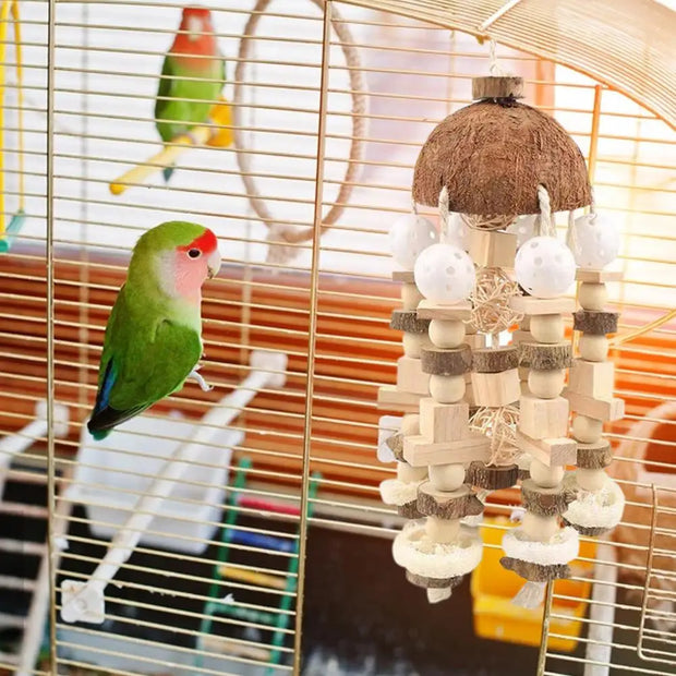 Green parrot perched on a Natural Bird Cage Toy with a coconut shell and wooden bead hanging toy.