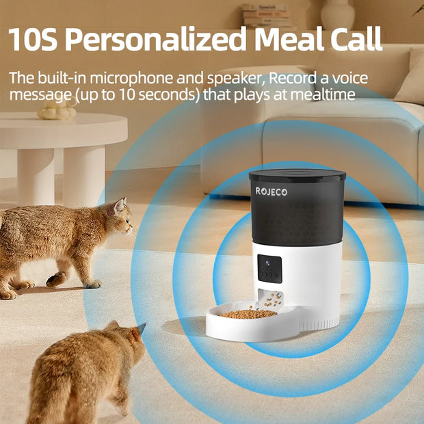 ROJECO Automatic Cat Feeder with Camera and Voice Recorder demonstrating accurate portion control and timed feeding system.