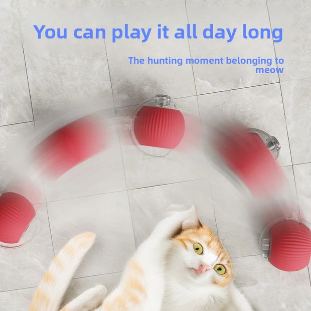 Cat playing with a red and gray Intelligent Interactive Cat Toy Ball on a tiled floor, with text 'You can play it all day long' and 'The hunting moment belonging to meow'.
