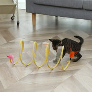 Cat playing with a Interactive Spiral Cat Toy Spring Tunnel with Plush Mouse in a living room
