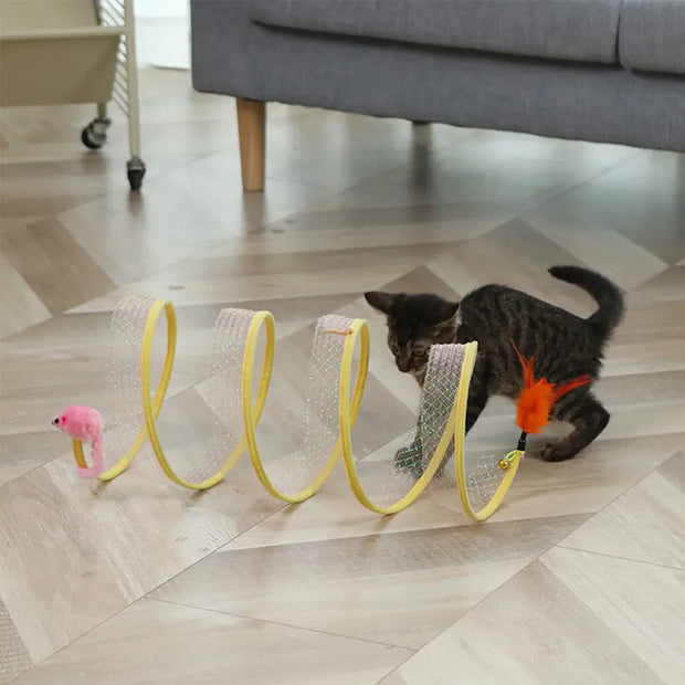 Cat playing with a Interactive Spiral Cat Toy Spring Tunnel with Plush Mouse in a living room