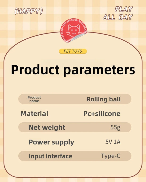 Product parameters card for a Intelligent Interactive Cat Toy Ball with a brand logo on a checkered background.