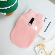 Fleece Dog Jacket in pink with leash ring, ideal warm winter coat for dogs.