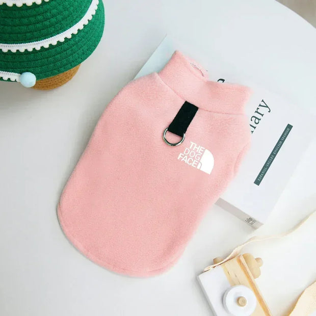 Fleece Dog Jacket in pink with leash ring, ideal warm winter coat for dogs.