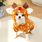 Small dog wearing Christmas Reindeer Pet Costume on a light background