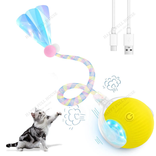 Electric Rolling Cat Toy Ball with colorful string and USB cable on a white background