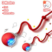 Red Rechargeable pet Toy Ball with Mode and Obstacle Avoidance with USB cable and three mode options on a white background
