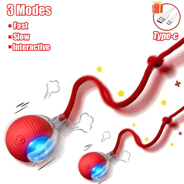 Red Rechargeable pet Toy Ball with Mode and Obstacle Avoidance with USB cable and three mode options on a white background