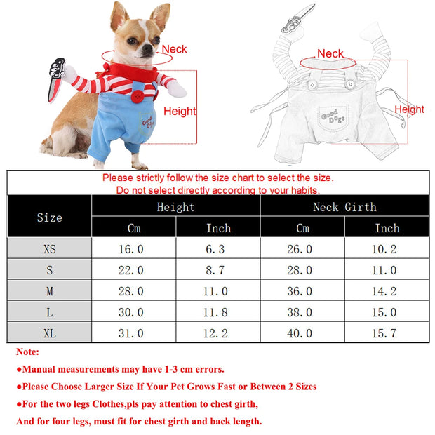 Dog in a Cute Halloween Costume with size chart and measurements on a white background