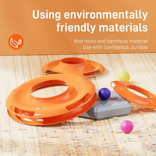 Orange Cat Turntable Toy track with colorful balls on a wooden surface, featuring text about environmentally friendly materials.
