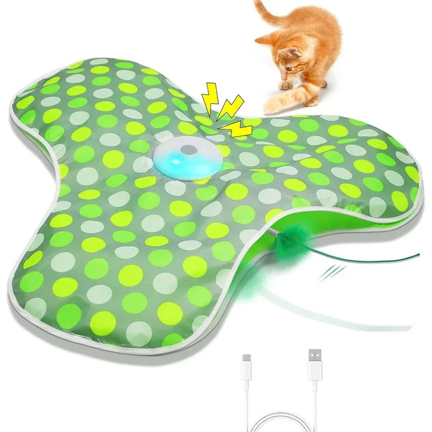 Hide and Seek Interactive Cat Toy Blanket with green and white polka dot design and a USB cable, featuring a cat interacting with it.