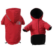 Red Dog Winter Jacket with Hood with Supreme and The North Face logos on a white background
