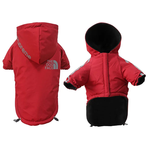 Red Dog Winter Jacket with Hood with Supreme and The North Face logos on a white background