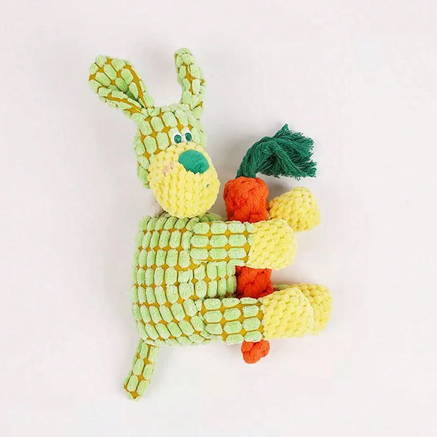 Colorful Plush Animal Rope Dog Toys resembling a rabbit holding a carrot on a white background