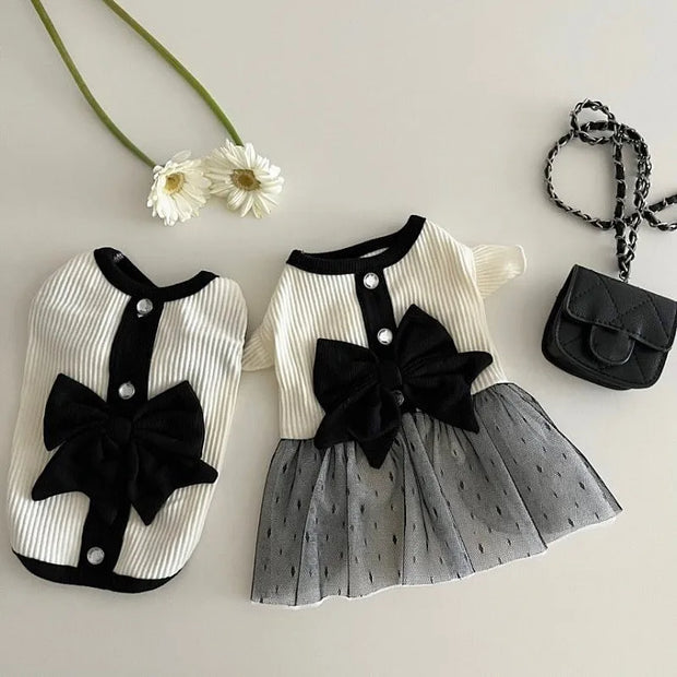Pet Elegant Black Bow Dress and a small black handbag on a light background