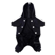 Black Sporty Pet Hoodie Jumpsuit with white buttons on a white background