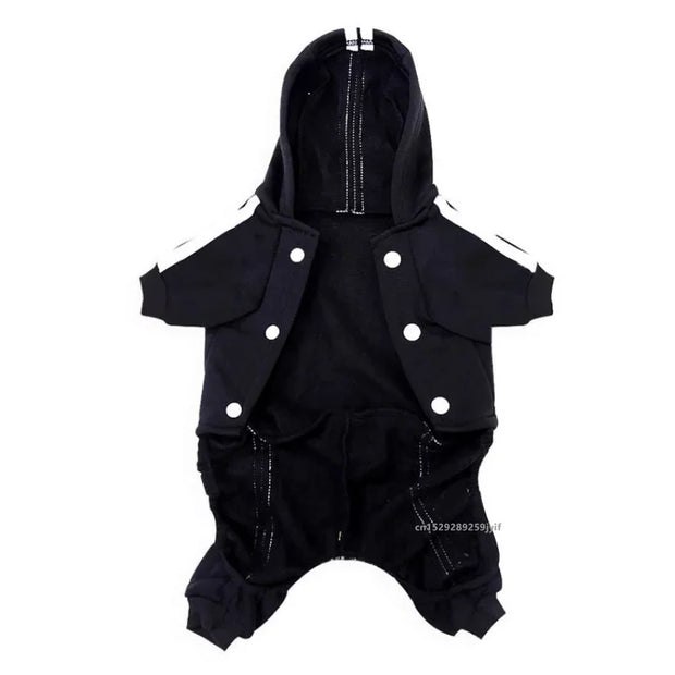 Black Sporty Pet Hoodie Jumpsuit with white buttons on a white background