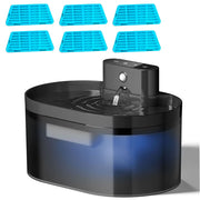 Black 2.2L Automatic Cat and Dog Drinking Fountain with blue filter pads on a white background