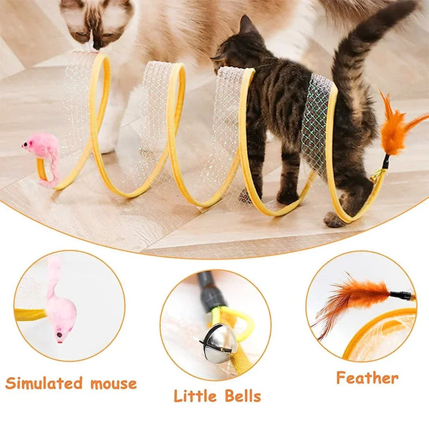 Interactive Spiral Cat Toy Spring Tunnel with Plush Mouse, little bells, and feather attachments on a beige background.