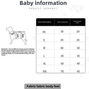 Denim Dog Jacket size chart with measurements on a white background