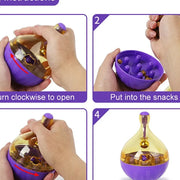Instructions for using a purple and yellow Shaking Q Pet Treat Dispenser Toy with a hand opening it and putting snacks inside.