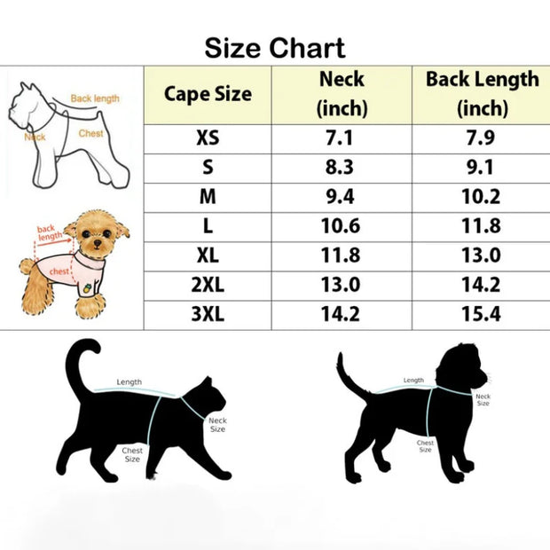 Size chart for Vampire Pet Costume with measurements in inches.