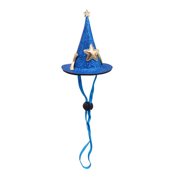 Blue Halloween Witch Hats Collection  with a star on top, attached to a blue string on a white background.