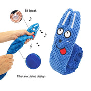 Blue Plush Frog Dog Toy with a face, labeled 'BB Speak' and 'Tibetan cuisine design', held by a hand.