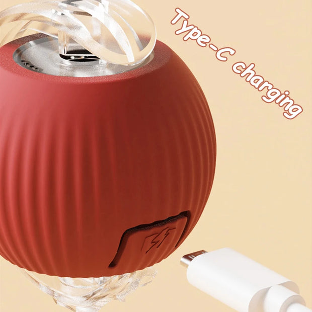 Red portable speaker with Type-C charging Rechargeable pet Toy Ball with Mode and Obstacle Avoidance cable on a beige background