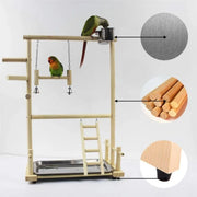 Wooden Bird Play Stand with various perches and a small cup, featuring close-up insets of materials.