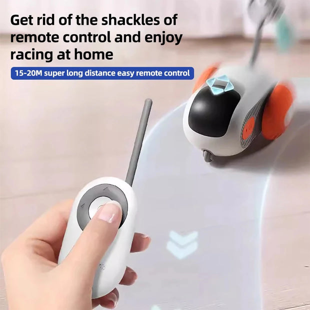 Hand holding a Remote Control Interactive Cat Toy Car with text about racing at home and remote control features.