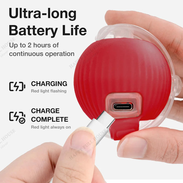 Red Electric Rolling Cat Toy Ball device with charging cable, showing charging and complete status indicators.