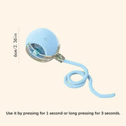 Light blue electronic Automatic Obstacle Avoidance Pet Toy Ball with a rope on a light pink background