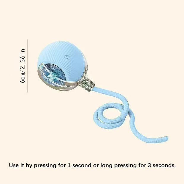 Light blue electronic Automatic Obstacle Avoidance Pet Toy Ball with a rope on a light pink background