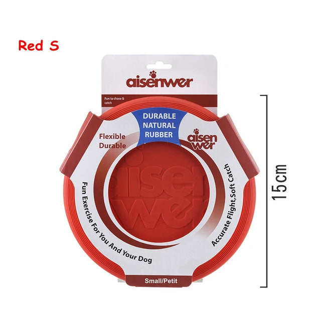 Red and Blue Aisenwer Durable Rubber Dog Frisbee with 'aisenwer' branding on a white background