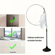 Floor lamp with Interactive Cat Toy Wand with Feather attachment and text about button function on a white background