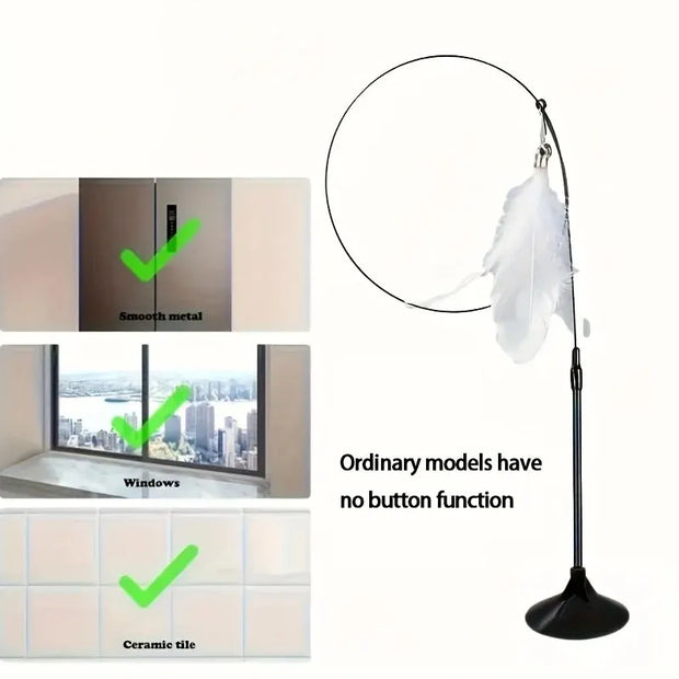 Floor lamp with Interactive Cat Toy Wand with Feather attachment and text about button function on a white background