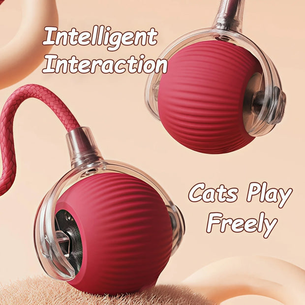 Two red Rechargeable pet Toy Ball with Mode and Obstacle Avoidance with wheels on a beige background, labeled 'Intelligent Interaction' and 'Cats Play Freely'.