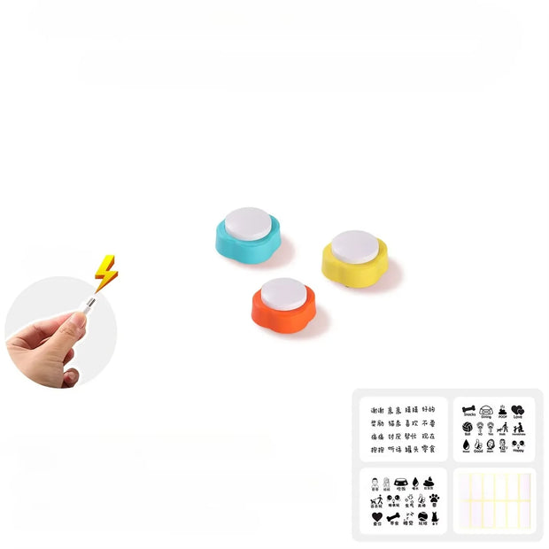 Colorful Pet Training Button circular stamps with a hand holding a stamp tool on a white background