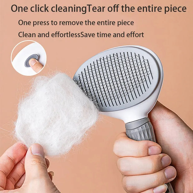 Gray Pet Grooming Brush with One Click Hair Removal being used to release trapped fur