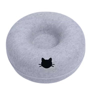 Gray Felt Cat Cave Bed donut-shaped cushion with a black cat design on a white background