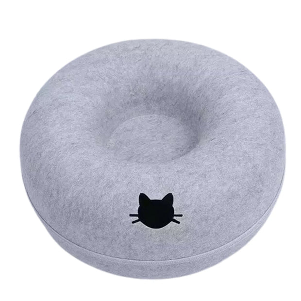 Gray Felt Cat Cave Bed donut-shaped cushion with a black cat design on a white background