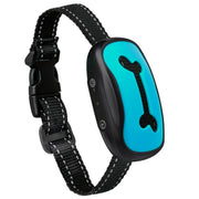 Black Anti-Barking Dog Collar with a blue electronic device featuring a bone symbol on a white background
