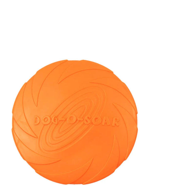Orange Durable Dog Frisbee Toy  with 'Dog-O-Soar' branding on a white background