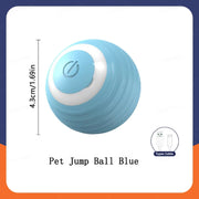 Blue Automatic Obstacle Avoidance Pet Toy Ball with white stripe and measurement details on a white background